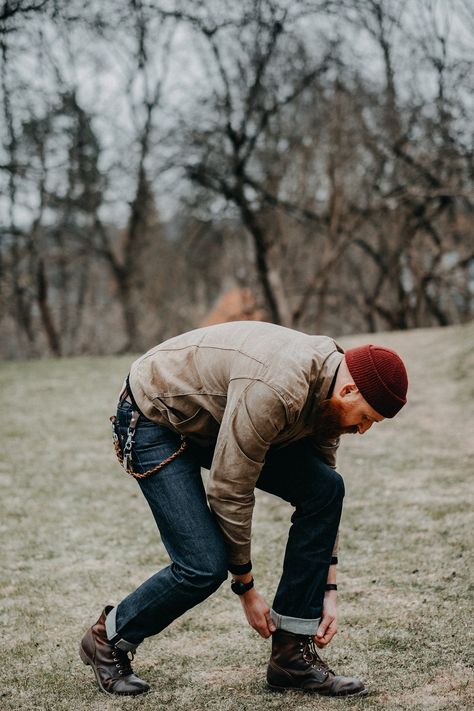 Red Wing Iron Ranger 8085 boots Canvas waxed jacket Brave Star 🌟 Cone Mills 13.5oz Heartland Selvage Red Wing Iron Ranger Outfit, Iron Ranger Boots Outfit, Iron Ranger Outfit, Red Wing Iron Ranger 8085, Red Wing 8085, Red Wing Iron Ranger 8111, Iron Ranger 8085, Iron Ranger Boots, Casual Gym Outfit