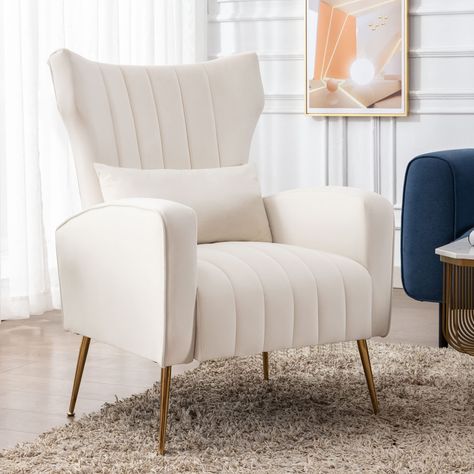 PRICES MAY VARY. 🛋️COMFY&SUPPORT- This velvet accent chair has high wing back to hold your whole upper body, pillow to offer lumbar support, deep upholstered seating to lounge and armrests. Recommend to use for reading nook or doing work from home at your corner in living room or bedroom. 🛋️BEDROOM CHAIR FOR ADULTS- Wide and deep, this arm chair is designed into adults size, able to hold weight up to 275lbs. Gold legs are chic and velvet is a poping color to help make your own boho style. 🛋️E Reading Lounge Chair, Modern Classic Chair, Light Grey Accent Chair, Reading Lounge, Bedroom Comfy, Armchair Bedroom, Comfy Reading, White Accent Chair, Accent Chair Bedroom