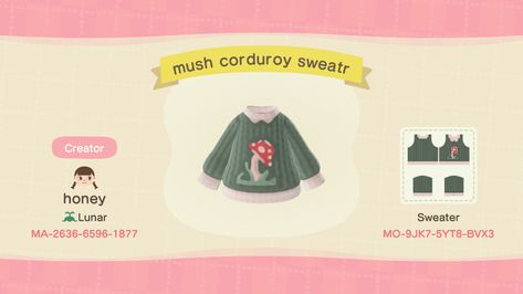 🍄 goblincore sweater acnh🍄 Corduroy Sweater, Mushroom Sweater, Acnh Cottagecore, Animal Crossing Funny, Animal Crossing Memes, Animal Crossing Guide, Animal Crossing Qr Codes Clothes, Qr Codes Animal Crossing, Animal Crossing Characters