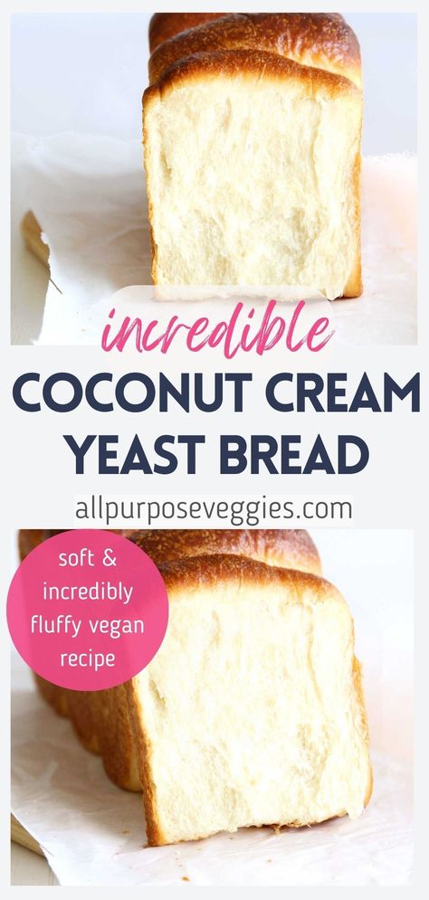 Are you looking for a really soft vegan yeast bread recipe, but don't know where to start? This incredibly tender & silky coconut cream yeast bread is the perfect homemade loaf to make for you and your family. The rich fats in the coconut cream contributes to a velvety soft bread texture and subtle coconut flavor, all without eggs, milk or butter! It’s a perfectly moist and flavorful loaf #yeastbread #sandwichbread #healthybaking #coconutcream #veganbread Grain Free Yeast Bread Recipe, Vegan White Bread, Coconut Milk Bread Recipes, Coconut Bread Recipe Caribbean, Vegan Peach Bread, Vegan Milk Bread, Yeast Free Bread Recipes, No Egg Bread, Bread Without Milk