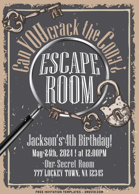 Escape Room Birthday Invitations, Escape Room Poster Design, Escape Room Invitation Printable Free, Escape Room Birthday Party Invitations, Escape Room Invitation, Escape Room Birthday Party, Escape Room Themes, Escape Room Design, Escape Room Party