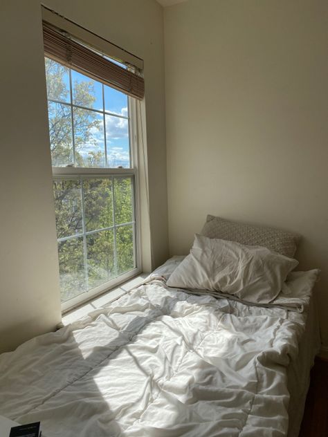 Bed By The Window Aesthetic, Bed In Front Of Window Aesthetic, Window Bed Aesthetic, Bed Window Aesthetic, Bed By Window Aesthetic, Bed Under Window Small Room, Bed By Window Ideas, Single Bed Aesthetic, Bed Next To Window