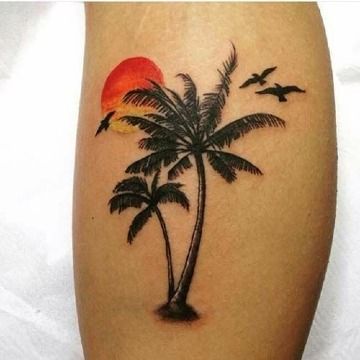 diseños de tatuajes de palmeras significado Tree Tattoo Color, Tree Tattoo Back, Tropical Tattoo, Sunset Tattoos, Palm Tattoos, Tree Tattoo Designs, Palm Tree Tattoo, Hawaiian Tattoo, Tattoos Geometric