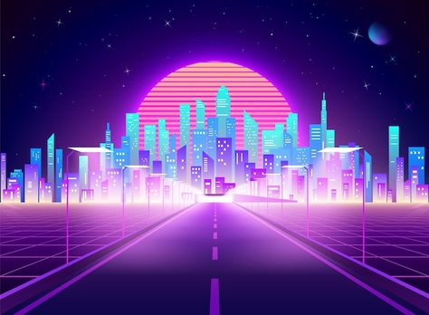 Highway to cyberpunk futuristic town | Premium Vector #Freepik #vector #cyberpunk-city #neon-city #futuristic-city #night-town Futuristic Town, Cyberpunk Vector, Background Undangan, Sci Fi Background, Neon Cyberpunk, Neon Retro, Free Vector Backgrounds, Retro Artwork, City Vector