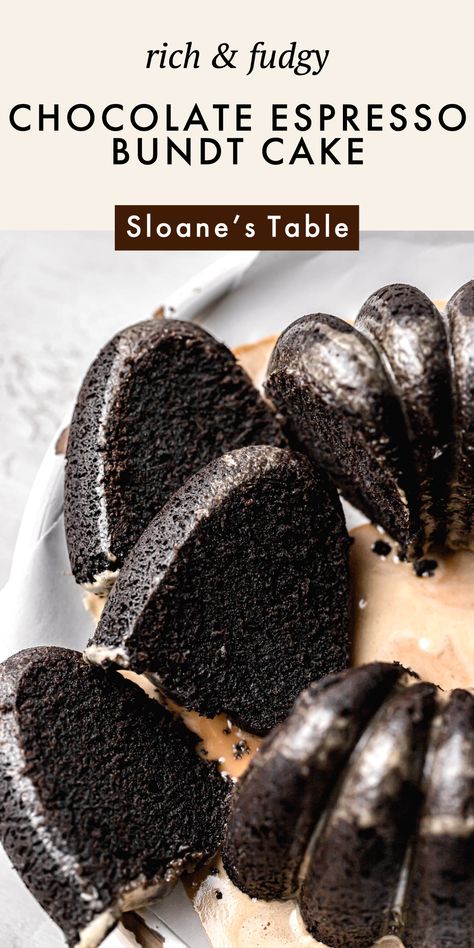 This fudgy chocolate espresso cake is the most decadent pound cake-inspired dessert in a gorgeous bundt cake form! Expresso Cake, Espresso Bundt Cake, Chocolate Sour Cream Pound Cake, Espresso Cake Recipe, Chocolate Espresso Cake, Fudgy Cake, Dairy Free Chocolate Cake, Espresso Cake, Cake Form