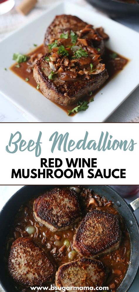 Perfectly-cooked beef medallions bathed in a rich red wine sauce. A simple recipe that makes a delicious dinner. #beef #beefdinner #dinner #cook Red Wine Mushroom Sauce, Beef Medallions, Dinner Beef, Low Carb Low Fat Recipes, Red Wine Sauce, How To Cook Beef, Low Carb Diet Recipes, Beef Tenderloin, Wine Sauce