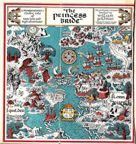 Map of The Princess Bride by William Goldman  Very cool map of the world in which William Goldman's "The Princess Bride" takes place. From the 1977 Ballantine Books paperback edition of the book. The Princess Bride Book, Princess Bride Movie, Map Quiz, The Princess Bride, Fantasy Maps, Robert Louis Stevenson, Fantasy Map, Fantasy Novel, Princess Bride