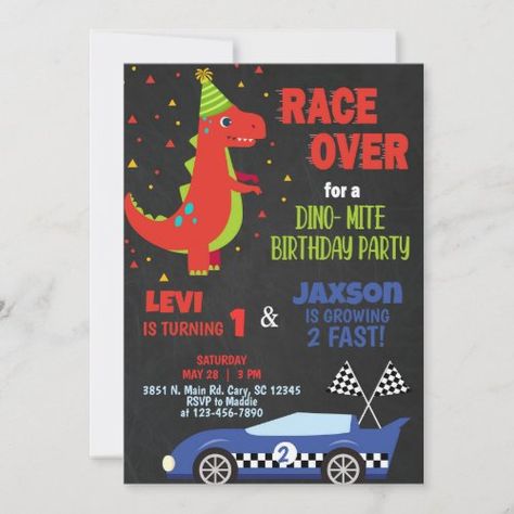 Race car and dinosaur boy siblings invitation. for $3.08 - Birthday Invitations Dino Cars Birthday, Cars And Dinosaurs Party, Dinosaur And Cars Birthday Party, Dinosaur Race Car Birthday, 3rd Birthday Party For Boy, 12 Birthday, Race Car Birthday, Car Birthday, Cars Birthday Parties