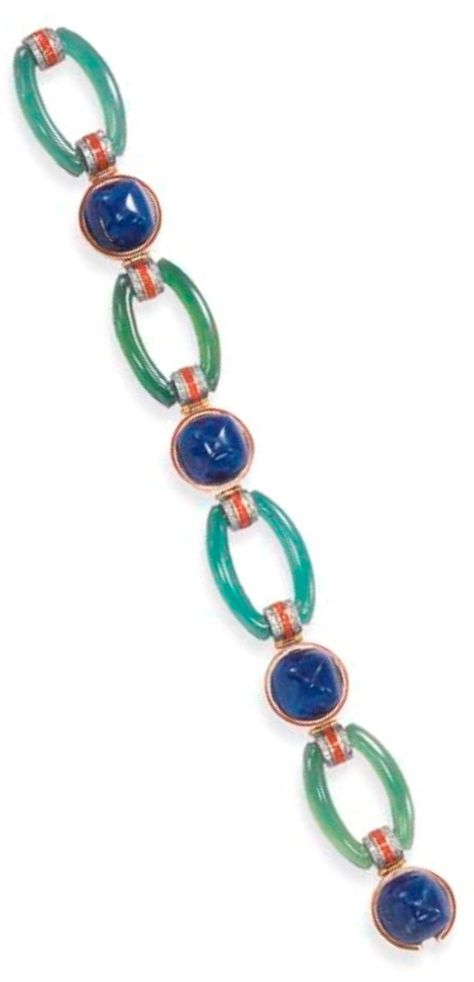 MARZO - AN ART DECO CHALCEDONY AND LAPIS LAZULI BRACELET, CIRCA 1925. Composed of a series of carved green chalcedony links, alternately-set by sugarloaf cabochon lapis lazuli spacers, with red enamel trim, joined by single-cut diamond and red enamel arched links, mounted in platinum and 18k gold, with French assay marks. Signed Marzo Paris. Chalcedony Jewelry, China Figurines, Blue Bayou, Cat Hug, Lapis Lazuli Bracelet, Lapis Lazuli Jewelry, Art Deco Bracelet, Green Chalcedony, Gold Bracelets