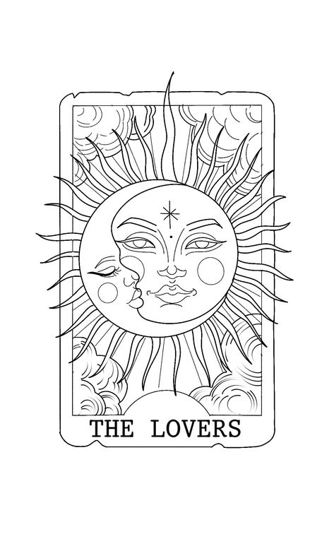 The Lovers Sun And Moon, The Lovers Tarot Card Coloring Page, The Lovers Tarot Painting, The Lovers Tarot Card Tattoo Design, Tarot Card Lovers Tattoo, Tarot Tattoo The Lovers, Sun And Moon Lovers Tattoo, Tarot Card Tattoo Outline, The Lovers Tattoo Tarot Cards