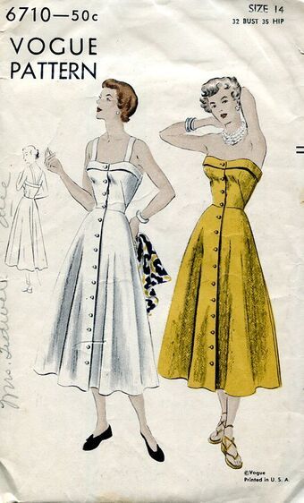 Vogue 6710 | Vintage Sewing Patterns | Fandom 50s Couture, Sundress Pattern, Vintage Vogue Sewing Patterns, Strapless Sundress, Sewing Basket, Bodice Top, Vogue Dress, Vogue Sewing, Vogue Sewing Patterns