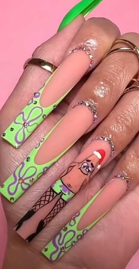 Spongebob Valentines Day Nails, Cute Cartoon Nail Designs, Cartoon Inspired Nails, Nails Acrylic Cartoon, Plankton Nails, Spongebob Nails Acrylic, Spongebob Nails Designs, Bratz Nails Design, Exotic Nails Acrylic