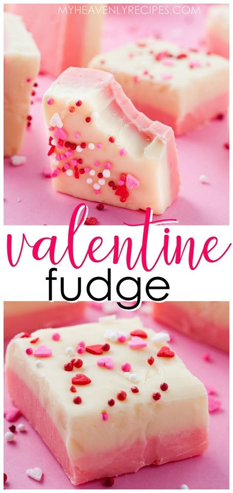 White Chocolate Valentine Fudge- cute valentines day fudge to make for gift bags or parties. Easy pink and white fudge. Vday dessert that is easy and fast. Valentine Recipes Easy, Valentines Bakes Ideas, Valentine Fudge Recipes, Dessert Ideas For Valentines Day, Easy Valentine Baking, Valentine Baked Good Gifts, Easy Valentines Recipes, Cute Valentines Day Desserts, Easy Valentines Day Snacks