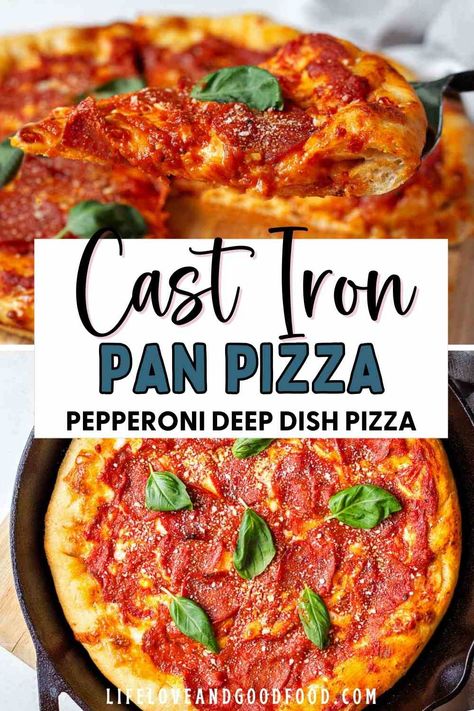 Cast Iron Pan Pizza (Pepperoni Deep Dish Pizza) - Life, Love, and Good Food Cast Iron Pan Pizza, Iron Skillet Pizza, Cast Iron Skillet Pizza, Tomato Pizza Sauce, Pizza Pepperoni, Pizza Life, Cast Iron Pizza, Skillet Pizza, Tangy Bbq Sauce