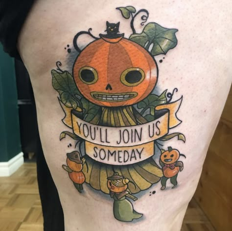 Over The Garden Wall Tattoo Simple, Halloween Tattoo Ideas, Tattoo Over Scar, Pumpkin Tattoo, Prison Tattoos, Fantasy Tattoos, Spooky Tattoos, Halloween Tattoo, R Tattoo