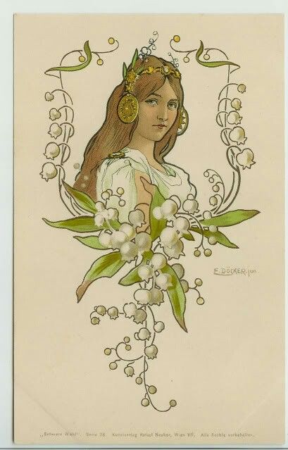 Art nouveau lilly of the valley reference Fleurs Art Nouveau, Art Deco Tattoo, Motifs Art Nouveau, Nouveau Tattoo, Illustration Art Nouveau, Design Art Nouveau, Woman With Flowers, Mucha Art, Art Nouveau Flowers