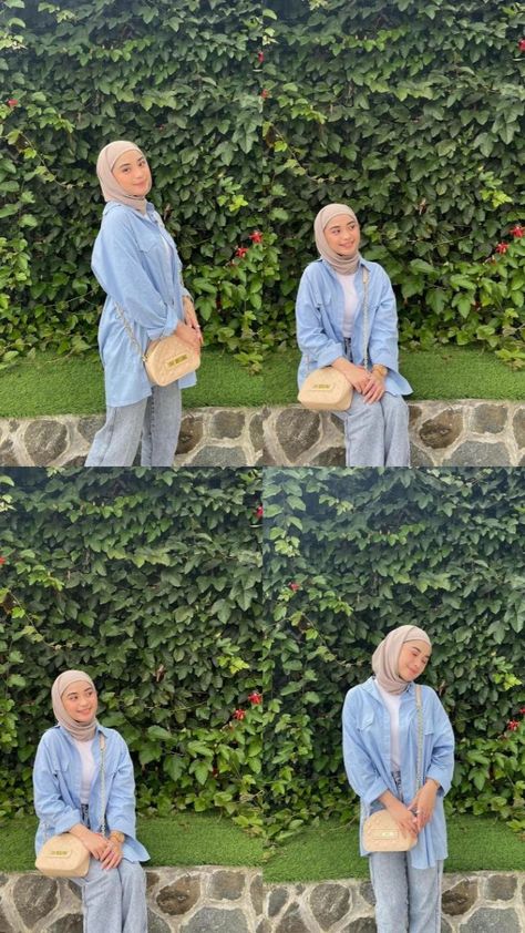 Baby Blue Outfit Hijab, Blue Outfit Hijab, Blue Hijab Outfit, Celana Jins Wanita, Blue Blouse Outfit, Ootd Pastel, Outfit Celana, Outfit Konser, Mix And Match Outfits Hijab