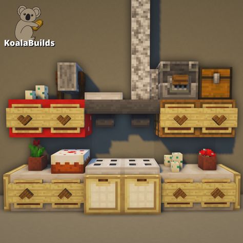 Minecraft: Cozy, cute kitchen design. Tap to see more kitchen design ideas Bed Frame Ideas Minecraft, Cute Small Minecraft Kitchen, Cute Kitchen Minecraft Ideas, Kitchen Decor Minecraft, Kitchen Designs Minecraft, Minecraft Functional Kitchen, Cute Mc Houses Easy, Minecraft Food Stall Ideas, Cute Minecraft Living Room Ideas