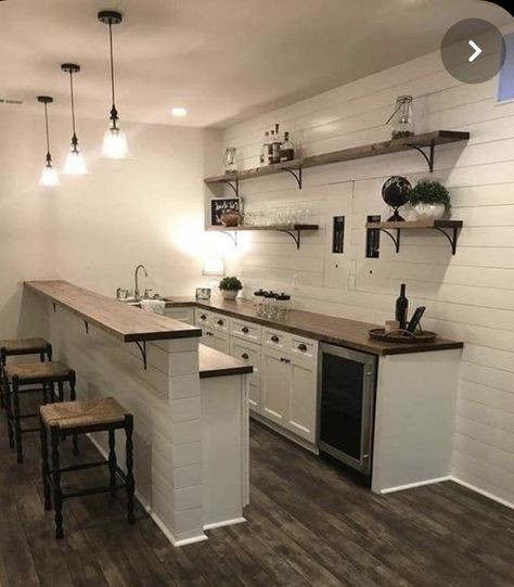 Basement Kitchen No Window, Small Basement Ceiling Ideas, Modern Farmhouse Bar Area, Small Basement Kitchen With Island, Shop Kitchenette, L Shaped Basement Bar Ideas, Farmhouse Basement Bar Ideas, Sunroom Bar Ideas, Small Basement Renovations