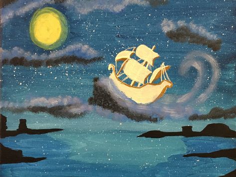 Peter Pan, Neverland, Jolly Roger, Pirate Ship, Acrylic Painting Peter Pan Painting, Neverland Room, Peter Pan Decor, 3rd Times A Charm, Peter Pan Neverland, Neverland Art, Acrylic Painting Ideas, Jolly Roger, Creative Painting