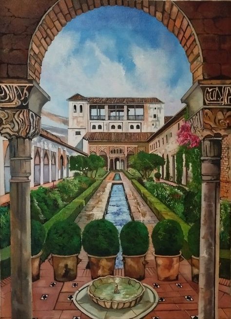 Alhambra Painting, Italian Countryside House, Alhambra Granada, Oil Painting Nature, Dark Purple Aesthetic, Granada Spain, Italian Countryside, Countryside House, Andalusia