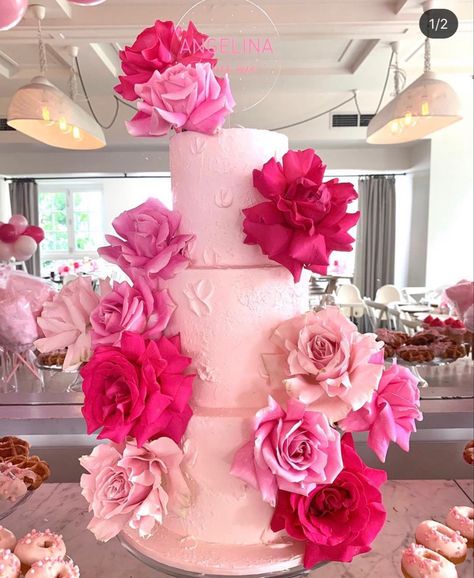 Pink Quince, Hot Pink Weddings, Bridal Shower Inspo, Unique Flower Arrangements, Luxury Wedding Cake, Pink Wedding Cake, Prom Wedding, Event Sign, Pink Bridal Shower