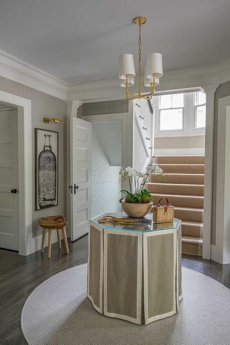 Hexagon Skirted Foyer Table with Glass Top - Transitional - Entrance/foyer Round Entry Table, Decoration Hall, Hexagonal Table, Table Skirts, Oak Wood Floors, Foyer Table, Entrance Foyer, Layered Rugs, Table Skirt