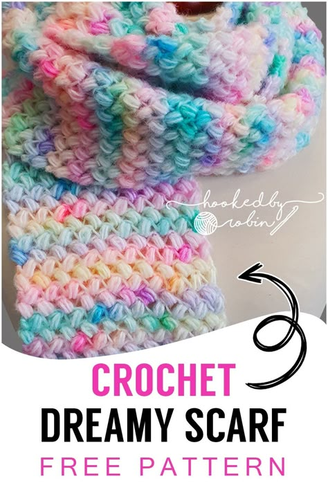 Crochet Dreamy Scarf [Free Video Tutorial & Written Pattern!] — Hooked by Robin Infinite Scarf Crochet, Crochet Kids Scarf Free Pattern, Childs Hooded Scarf Crochet Free Pattern, Bernat Blanket Scarf Crochet, Rainbow Scarf Crochet Pattern, Bean Stitch Scarf, Crochet Child Scarf Pattern Free, Crochet Toddler Scarf Free Pattern, Crochet Scarf Kids