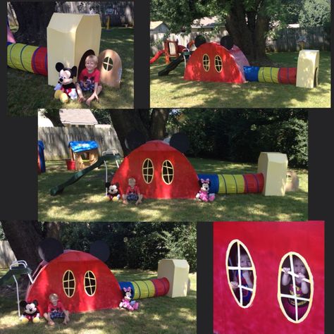 DIY Mickey Mouse clubhouse cardboard playhouse for my son's 4th Birthday party. They loved it! Mickey Mouse Playhouse, Diy Mickey Mouse, Mickey Mouse House, Cardboard Playhouse, Mickey Clubhouse, Mickey Mouse Clubhouse Birthday Party, Mickey Mouse Clubhouse Party, 4th Birthday Party, Halloween Room