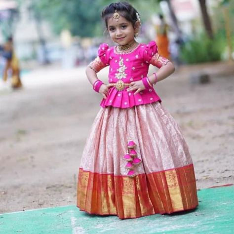 Madhusri creations on Instagram: “For details please whatsapp to 9100047573.. Happy client” Kids Pattu Pavadai Designs Latest, Langa Jacket, Pattu Pavadai Designs, Pattu Pavada, Baby Lehenga, Langa Blouse, Pattu Langa, Silk Saree Blouse Designs Patterns, Pattu Pavadai