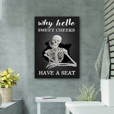 All pleasure is ours to have your attention on our finest canvas! This product is one of the indispensable items to highlight your room with impression and luxury. Also, it is such an excellent idea to make it a gift to your dearest ones! | Trinx A Skeleton - Why, Hello, Have A Seat Gallery Wrapped Canvas - Bath And Laundry Illustration Decor, Black/White Bathroom Decor | Home Decor | C006497917 | Wayfair Canada Skull Bathroom Ideas, Boho Gothic Bathroom, Skull Bathroom Decor, Skeleton Bathroom Decor, Witchy Bathroom Decor, Laundry Illustration, Black White Bathroom Decor, Bathroom Decor Dark, Black Bathroom Decor Ideas