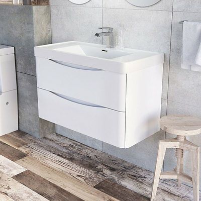 Vanity Units Uk, White Gloss Cabinets, Bath Panels, White Vanity Unit, White Bathroom Storage, White Bathroom Furniture, Easy Bathrooms, Glass Basin, White Wall Hanging