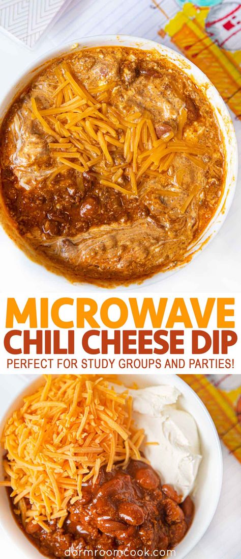 Hormel Chili Cheese Dip, Microwave Recipes Dinner, Chili Cream Cheese Dip, Dorm Room Cooking, Microwave Cooking Recipes, Healthy College Meals, Dorm Cooking, Chili Cheese Dip, Easy Microwave Recipes