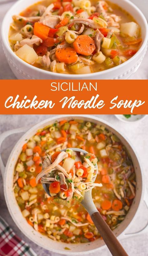 This Sicilian Chicken Noodle Soup combines the comfort of plain old chicken noodle soup with the zest and fun of Italian cooking. via @familyfresh Chicken Noodle And Vegetable Soup, Chicken Noodle Soup Veggies, Mediterranean Chicken Noodle Soup, Sicilian Chicken Noodle Soup, Italian Chicken Noodle Soup Recipes, Chicken Noodle Soup With Veggies, Slow Cooker Sicilian Chicken Soup, Chicken Noodle Soup With Vegetables, Sicilian Chicken Soup Crockpot