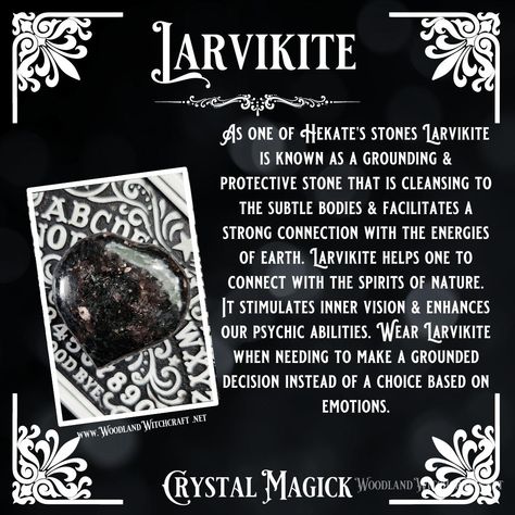 Experience the magick of Larvikite - the beautiful and mysterious stone of transformation. Its deep black color hints of forgotten knowledge and ancient secrets. tumbled stones available in my shop! www.woodlandwitchcraft.net #crystals #gemstones #meditation #witch #witchcraft #larvikite Larvikite Crystal Meaning, Larvikite Meaning, Gemstone Witchcraft, Nocturnal Witch, Hekate Aesthetic, Larvikite Crystal, Goddess Hekate, Witch Woman, Crystal Care