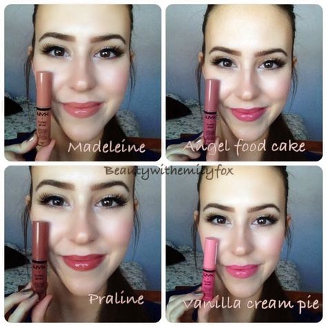 Praline Nyx Butter Gloss, Nyx Butter Gloss Madeleine, Praline Butter Gloss, Nyx Angel Food Cake, Nyx Praline, Nyx Butter Gloss Praline, Nyx Swatches, Lip Accessories, Nyx Lip Gloss