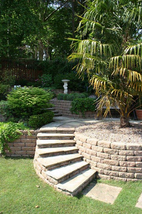 Sloping Garden, Backyard Retaining Walls, Garden Design Pictures, Sloped Backyard Landscaping, Small Garden Landscape, Sloped Backyard, Landscaping Retaining Walls, Stone Stairs, Hillside Landscaping