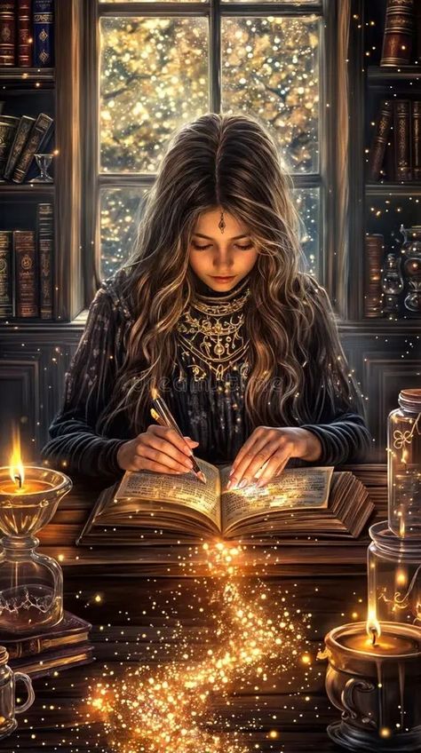 Mystical Witch Reading Spellbook in Enchanted Apothecary, Glowing Potions and Candlelight for a Magical Halloween Vibe. Young witch immersed in her spellbook royalty free illustration Witches Aesthetic, Witchy Ideas, Woodland Witch, Witch School, Magical Halloween, Magic Aesthetic, Fairy Magic, Free Illustration, Witch Aesthetic