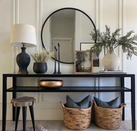 Black Entrance Console, Entry Way Black Table, Console Shelf Decor, Front Entryway Decor, Black Entryway Table, Hallway Tables, Console Table Entryway, Mirror Side Table, Black Console Table