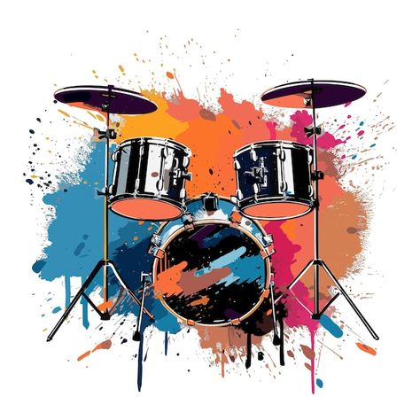 Drum Art, Bright Paint, Rainbow Music, Drums Art, Background Printable, Paint Splatters, Bright Paintings, Music Backgrounds, Drum Kit