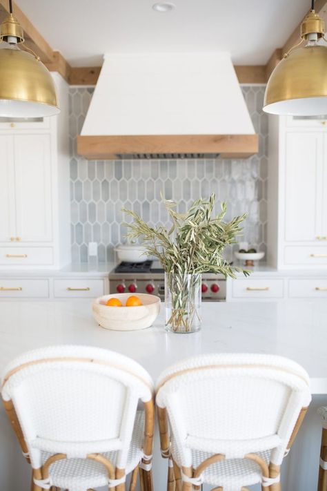 Kitchen Reveal | Countertops, Backsplash, Paint Colors & More - Pure Joy Home Backsplash Paint, Pure Joy Home, Gold Pendant Lights, Farmhouse Trends, Shaker Style Doors, Coastal Kitchen, Serena And Lily, Bistro Chairs, Backsplash Tile