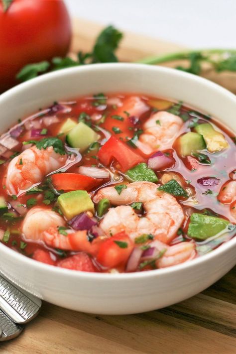 Shrimp Gazpacho Shrimp Gazpacho Recipe, Mexican Gazpacho Recipe, Cold Shrimp Recipes, Shrimp Gazpacho, Gazpacho Recipes, Italian Soups, Mexican Shrimp Cocktail, Cold Soup Recipes, Mexican Shrimp