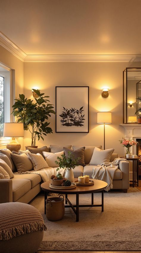 Cozy Lighting Living Room Cozy Living Rooms With Lights, Uplights Living Room, Hygge Living Room Lighting, Big Lamps For Living Room, Living Room Soft Lighting Ideas, Dark Living Room Lighting Ideas, Living Room Without Overhead Lighting, Light And Cozy Living Room, Cozy Lights Living Room