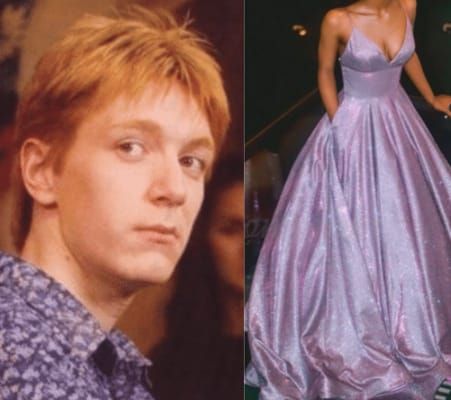 George Weasley Yule Ball Outfit, George Weasley Yule Ball, Hufflepuff Dress Yule Ball, Hogwarts Yule Ball Dresses, Yule Ball Dress Hufflepuff, Harry Potter Yule Ball Dresses, Yule Ball Dress Aesthetic, Harry Potter Aesthetic Outfits, Ball Dress Aesthetic