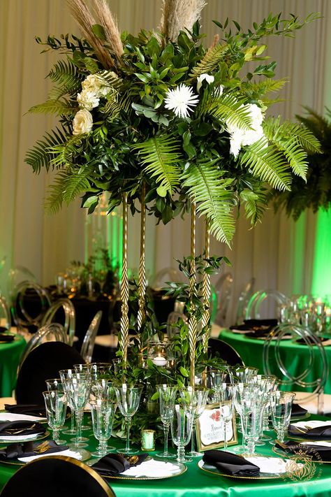 Chinye & Basil: Luxury Emerald Wedding With Pampas Grass - Royal Luxury Events Emerald Green And Pampas Wedding, Emerald Green Black And Gold Centerpieces, Emerald Wedding Decor Centerpiece Ideas, Emerald Wedding Centerpieces, Emerald Green Wedding Centerpieces, Emerald Green Reception, Green And Gold Centerpieces, Emerald Green Centerpieces, Green Nigerian Wedding