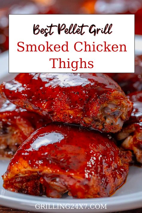 These Smoked Chicken Thighs are one of my favorite bites of barbeque. The Juicy, tender Chicken thighs with bite-through skin are perfect for tailgating or backyard cookouts. Smoked Chicken Thighs, Easy Smoker Recipes, Peach Bbq, Smoked Chicken Recipes, Grilled Chicken Thighs, Traeger Recipes, Pellet Grill Recipes, Bbq Chicken Recipes, Smoked Cooking