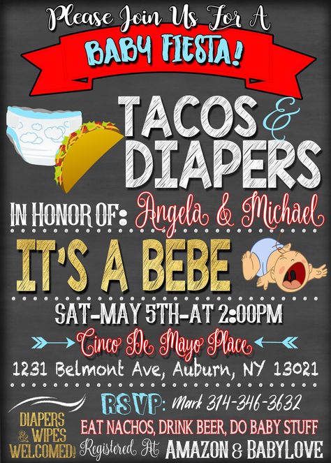 Diapers and Tacos, Diapers and Tequila Baby Shower Decorations, Cinco De Mayo Baby Shower, Cinco De Mayo Shower Invitation, Personalized Taco Invitation for a Party or Baby Shower NOTE: This is for a DIGITAL FILE ONLY, nothing will be shipped to you.  Once purchased you'll receive a sample within current turn around time of 48-72 hours.  You can find rush options in the style drop down menu.  Once approved you'll be sent a high resolution file to have professionally printed or use as a digital i Unique Baby Boy Shower Ideas, Taco Party Invitation, Baby Shower Notes, Shower Checklist, Mexican Baby Shower, Baby Shower Checklist, Bebe Shower, Baby Shower Gift Bags, Taco Party