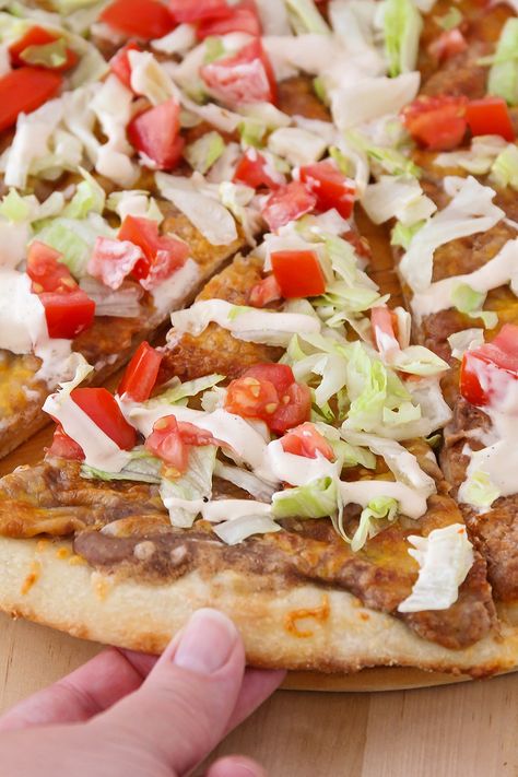 The Baker Upstairs: Tostada Pizza Tostada Pizza Recipe, Tostada Pizza, Meatless Dishes, Meatless Meal, Pizza Recipe, Meatless Meals, Refried Beans, Fresh Salads, Quesadillas