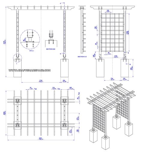 Wooden trellis arbor plan - Assembly 2D drawing Pergola Structure Design, Pergola Drawing Plan, Pergola Details Drawing, Wooden Pergola Designs, Pergola Drawing, Pergola Details, Wooden Pergolas, Arbor Plans, Trellis Arbor