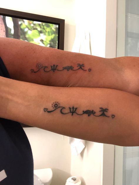 Hawaiian Tattoos For Couples, Matching Hawaiian Tattoos, Barbados Tattoo Ideas, Barbados Tattoo, Hawaiian Island Tattoo, Caribbean Tattoo, Scottish Tattoos, Island Tattoo, Cute Matching Tattoos